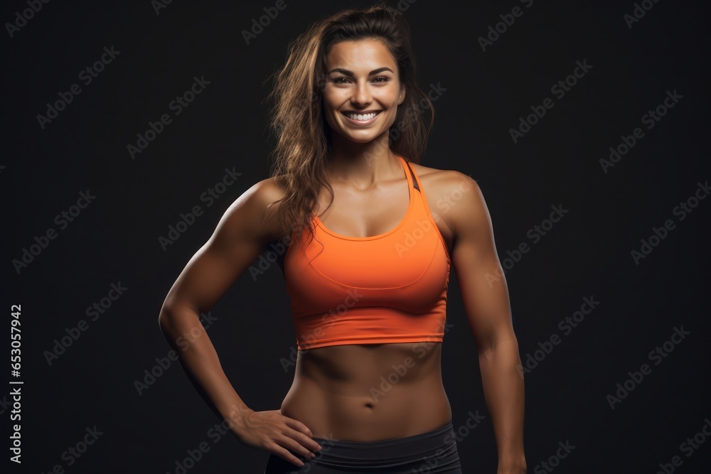 Portrait of a smiling sportswoman in orange sportswear showing her biceps isolated on a white background and Looking at the camera. Portrait of a smiling sportswoman in orange sportswear showing her biceps isolated on a white background and Looking at the camera.
