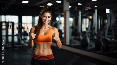 Close up image of attractive fit woman in gym. Portrait of a smiling sportswoman in orange sportswear showing her thumb up and her biceps over the gym background.