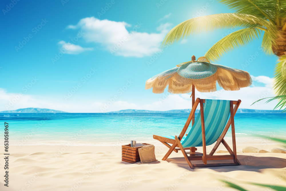 tropical beach with sunbathing accessories in summer - obrazy, fototapety, plakaty 