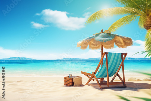 tropical beach with sunbathing accessories in summer photo