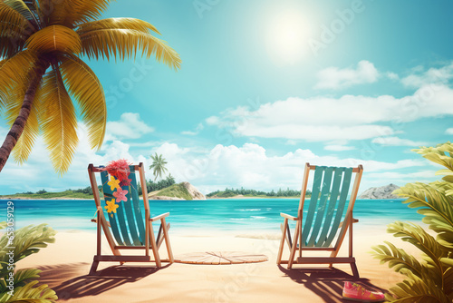 tropical beach with sunbathing accessories in summer © Salawati
