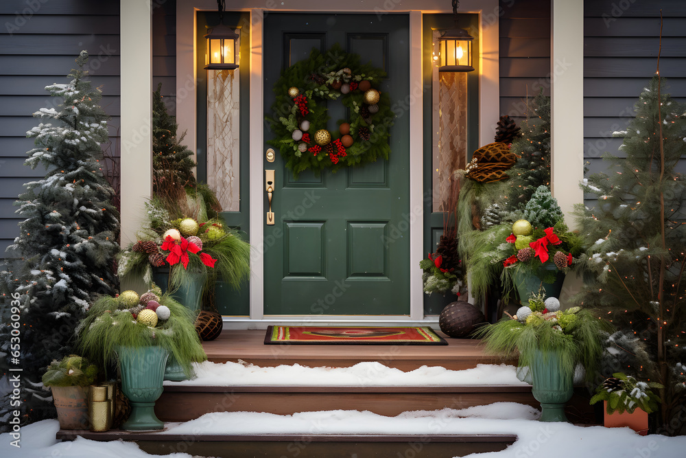 Decorated wooden door with traditional evergreen wreaths christmas eve, christmas vibe