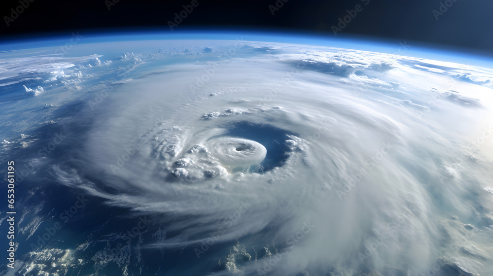 Depict a formidable typhoon system as seen from a high-altitude perspective, showcasing the immense scale and power of this natural phenomenon. 