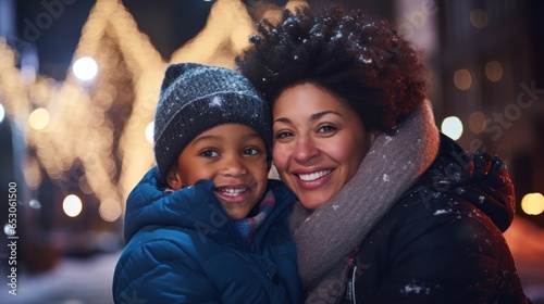 A joyous mixed-race black mother and her child share a heartwarming moment in the city square. The ambiance captures the festive spirit of the winter season.