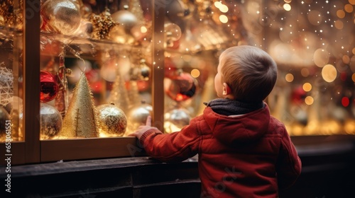 A cheerful baby boy, filled with wonder, at a festive Christmas market. Surrounded by twinkling lights, Christmas trees, and shimmering ornaments.