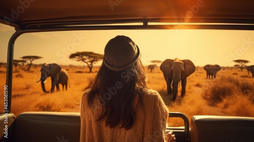 A woman confidently stands atop a safari vehicle, taking in the grandeur of the vast African savanna. An elephant grazes in the distance under the warm summer sun, encapsulating the essence of a wild.