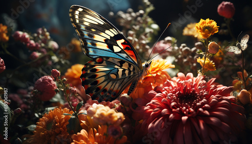 The vibrant butterfly dances on a multi colored flower generated by AI