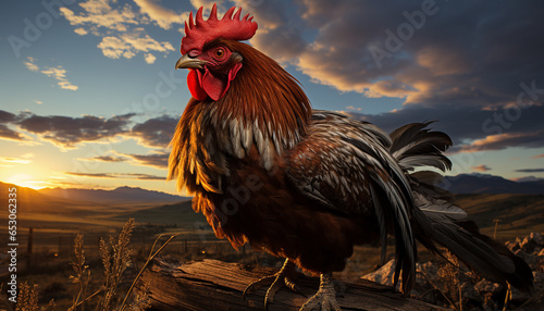 Fotografija Majestic rooster standing in the meadow, sunrise crowing generated by AI