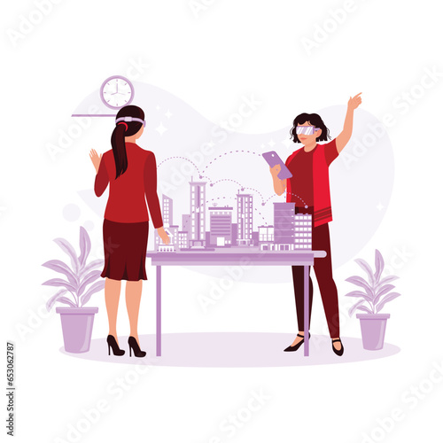 Male and female architects wearing Augmented Reality Headsets studying urban spatial concepts. Augmented Reality concept. Trend Modern vector flat illustration