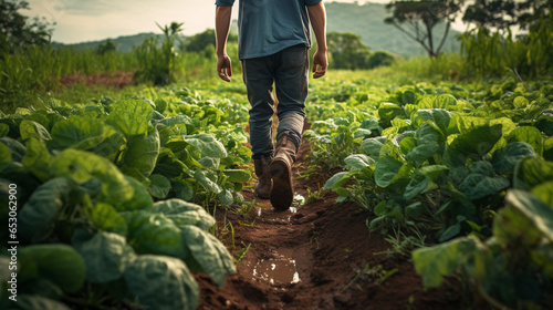 farmer walking in field of vegetable from behind, thriving field of green organic vegetables ,organic soil farming with copy space photo