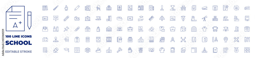 100 icons School collection. Thin line icon. Editable stroke. School icons for web and mobile app.