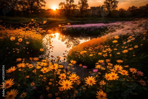 Riverbank Blooms: Sunrise Amidst the Flowers