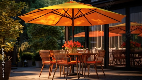 table with umbrella in a beach hotel generative ai © Francheska