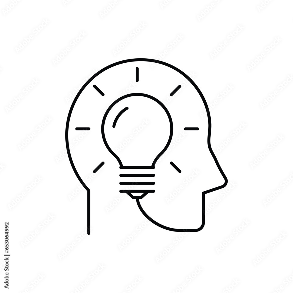 Head with idea light bulb line icon, outline vector logo illustration, linear pictogram isolated on white background. Vector illustration. Head with idea light bulb line icon, outline vector logo illustration, linear pictogram isolated on white background. Vector illustration.