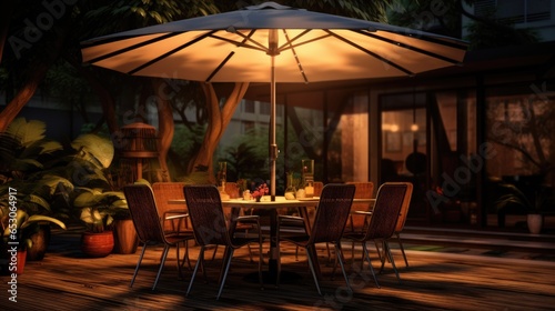 table with umbrella in a beach hotel generative ai