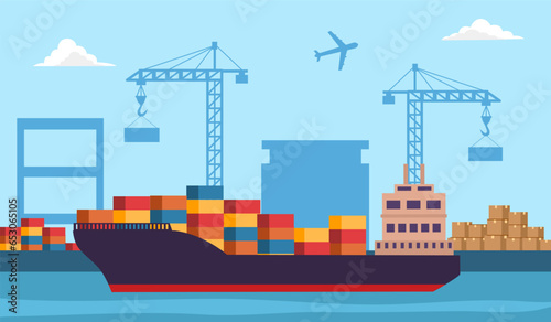 Cargo ship carrying goods logistic and transportation at seaport in flat design.