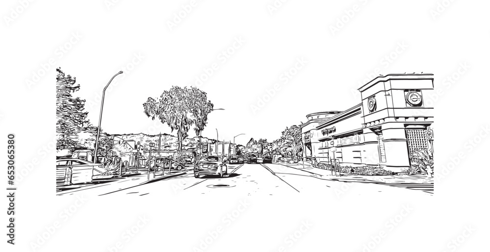 Fototapeta premium Building view with landmark of San Rafael is the city in California. Hand drawn sketch illustration in vector.