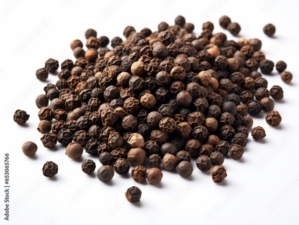 Close-up of Black pepper on white background, vitamin and health concept. Generative AI. Close-up of Black pepper on white background, vitamin and health concept. Generative AI.
