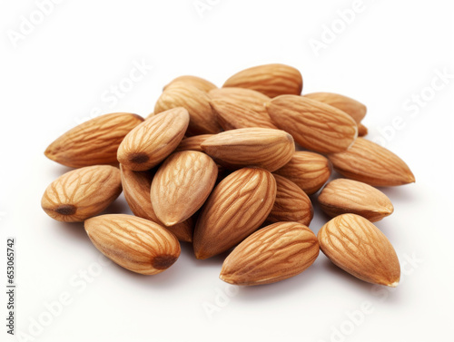 Close-up of heap of peeled almonds on white background, vitamin and health concept. Generative AI.