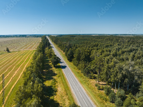 Empty roadway between green trees and fields at sunlight