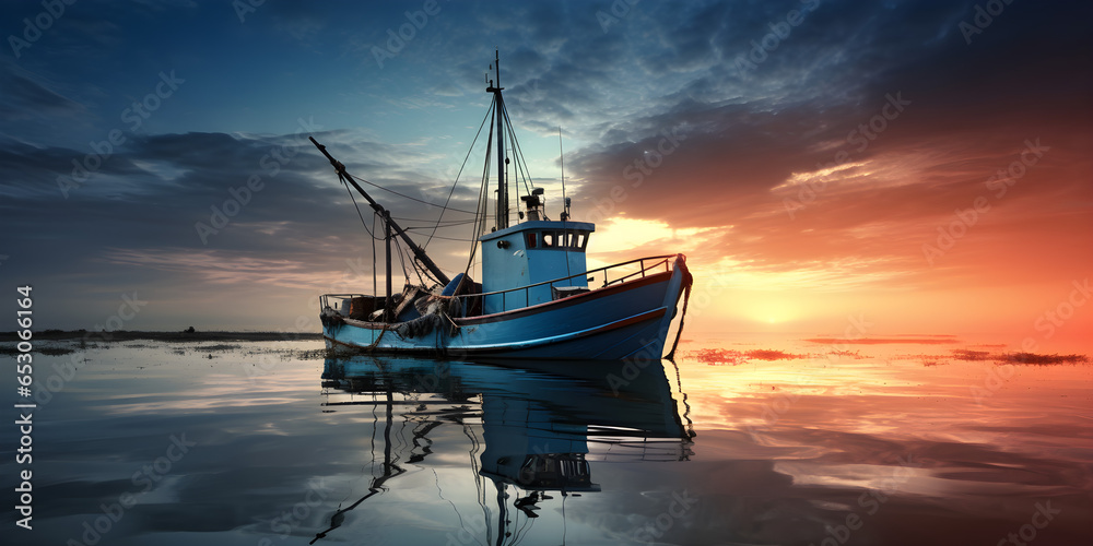 trawler fishing boat on calm ocean at sunset - obrazy, fototapety, plakaty 