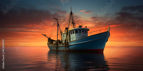 trawler fishing boat on calm ocean at sunset photo
