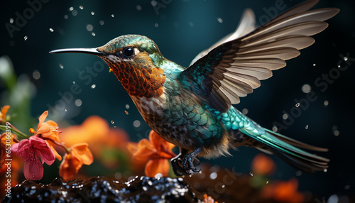 Hummingbird flying, nature beauty in vibrant, iridescent colors generated by AI