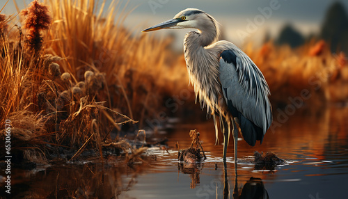 Egret standing in water, sunset reflects natural beauty generated by AI