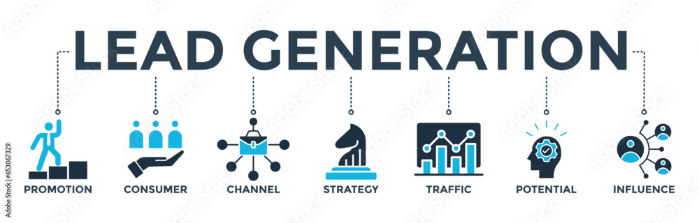 Lead generation banner web icon vector illustration concept with icon of promotion, consumer, channel, strategy, traffic, potential and influence Lead generation banner web icon vector illustration concept with icon of promotion, consumer, channel, strategy, traffic, potential and influence