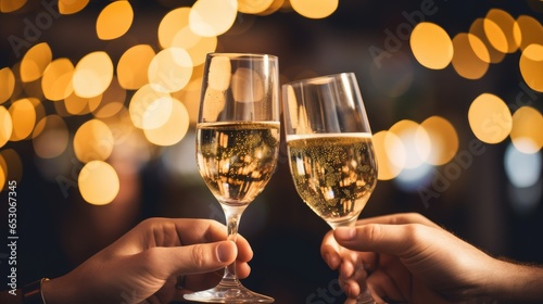 Glasses of champagne on bright background with bokeh effect