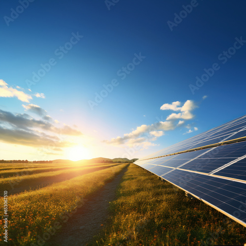 Solar panels in a field against a sunset background. The concept of environment, renewable sources, alternative energy and ecology.