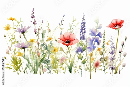 Watercolor illustration of wildflowers blooming in a spring field, framed with a transparent background. Generative AI