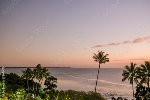Pink and purple sunset over the Coral Sea and palm trees along Cairns Esplanade — Far North Queensland, Australia photo