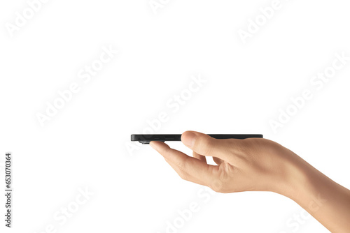 Hand holding smartphone device and touching screen