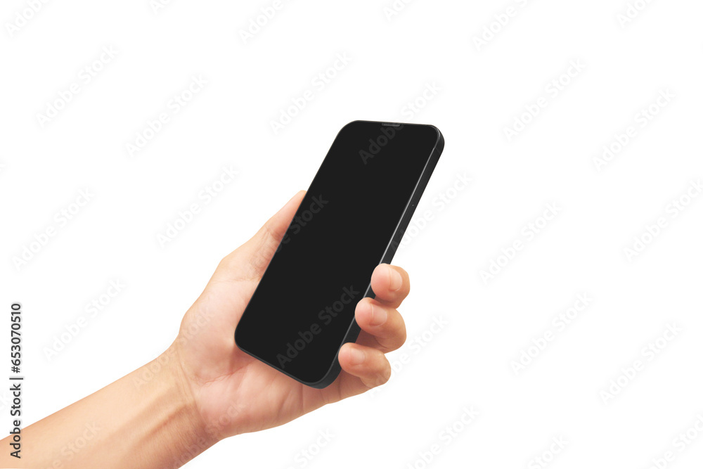Hand holding smartphone device and touching screen Hand holding smartphone device and touching screen