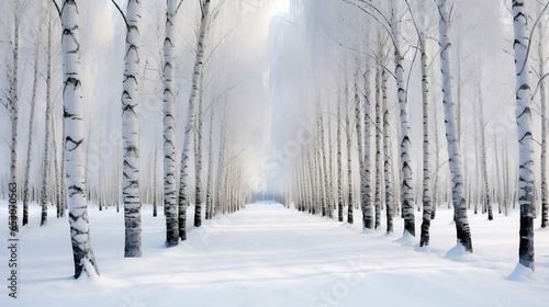 Panorama of a snowy forest with white tree trunks of the birches 