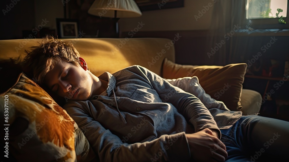 Young man sleeping on sofa at home Young man sleeping on sofa at home