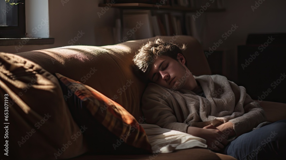 Young man sleeping on sofa at home