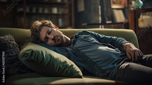 Young man sleeping on sofa at home