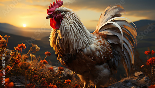 Fotografija Majestic rooster stands in the meadow, crowing at sunrise generated by AI