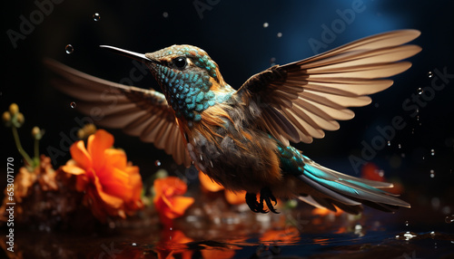 Hummingbird flying, vibrant colors, spread wings, nature beauty generated by AI © grgroup