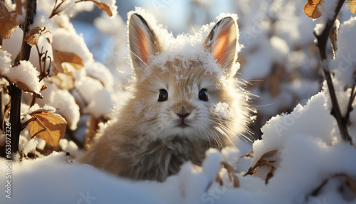 Cute kitten playing in the snow, looking at camera generated by AI © grgroup