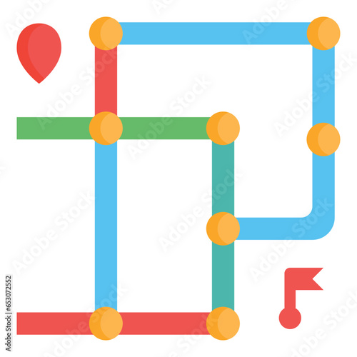  route, rail, public transport, train, railway, track, map Icon, Flat style icon vector illustration, Suitable for website, mobile app, print, presentation, infographic and any other project.