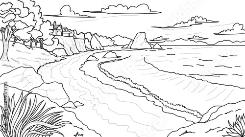 Beach Landscape Vector Coloring Book. Line art of seaside.  
