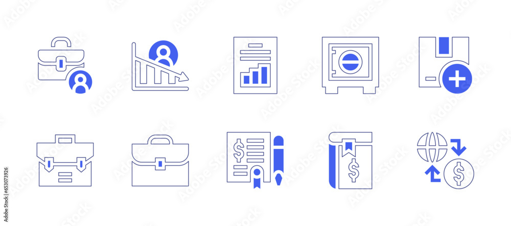 Business icon set. Duotone style line stroke and bold. Vector illustration. Containing briefcase, loss, analytics, safebox, package, agreement, book, economy.