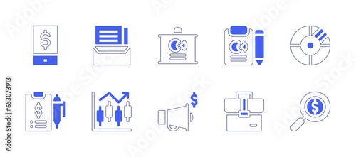 Business icon set. Duotone style line stroke and bold. Vector illustration. Containing megaphone, briefcase, magnifying glass, smartphone, report, contract, management, pie chart, clipboard. © Huticon