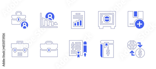 Business icon set. Duotone style line stroke and bold. Vector illustration. Containing briefcase, loss, analytics, safebox, package, agreement, book, economy. © Huticon