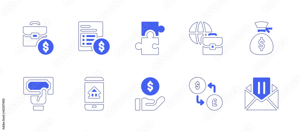 Business icon set. Duotone style line stroke and bold. Vector illustration. Containing briefcase, invoice, puzzle, global, money bag, cash, online banking, payment, exchange, cheque.