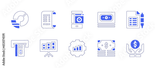 Business icon set. Duotone style line stroke and bold. Vector illustration. Containing ticket, smartphone, bar chart, gear, chart, atm, money, invoice, notes, saving. © Huticon