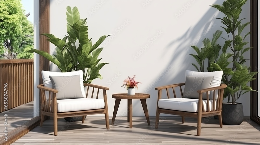 cosy comfort wooden terrace balcony with rattan easy chair home interior outdoor design concept,ai generate cosy comfort wooden terrace balcony with rattan easy chair home interior outdoor design concept,ai generate
